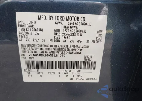 2019 Lincoln Nautilus Select из США, поврежденный, VIN 2LMPJ8K96KBL61059